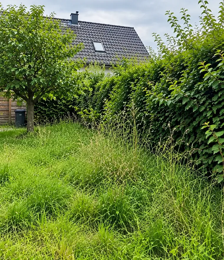 Vorher: hohe, ungleichmäßig gewachsene Hecke