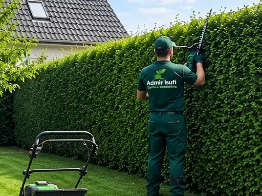 Mitarbeiter schneidet eine hohe Hecke gerade